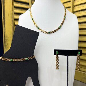 Goldtone Link Necklace, Bracelet and Earrings Set with Green Cabachons